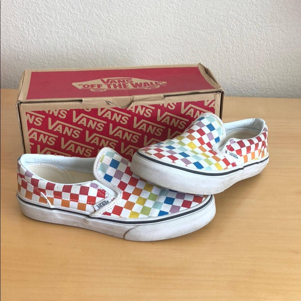 Kids Size 4 Vans Rainbow Checkered Slip Ons